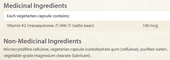 Natural Factors Vitamin K2 120 vegetarian capsules ingredients