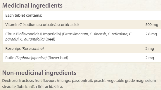 Natural Factors Vitamin C Peach, Passionfruit and Mango 500 mg 90 Chewable Wafers