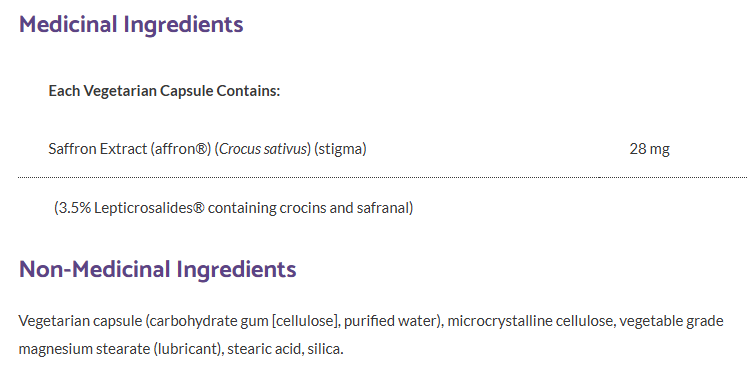 Bioclinic Saffron Extract 30 Vegetable Capsules ingredients 