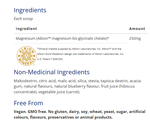 CanPrev Magnesium Bis-Glycinate 250 Ultra Gentle Drink Mix Juicy Blueberry 30 Servings ingredients 