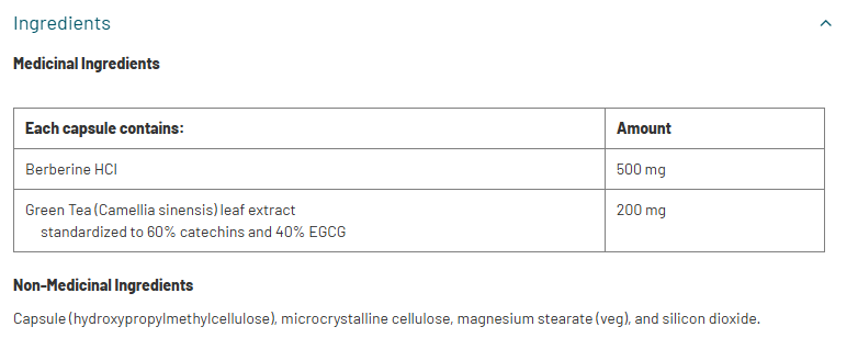 Metagenics Berberine GT ingredients