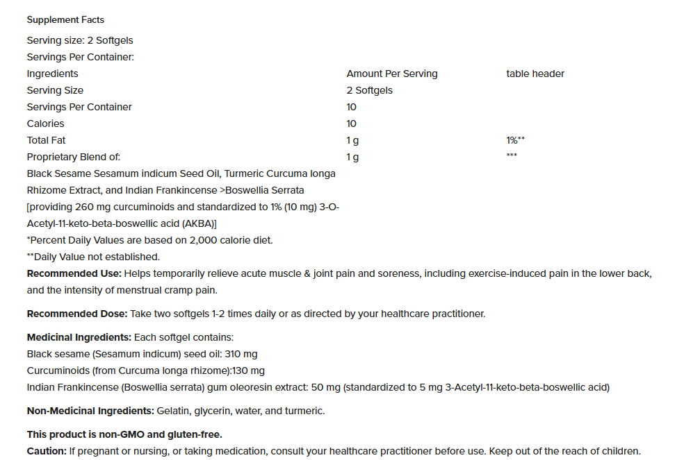 Metagenics Soreness Relief 20 Softgels ingredients 