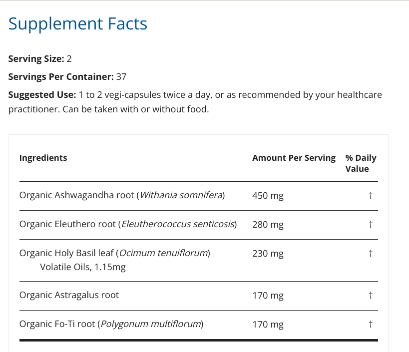 Restorative Formulations Adaptogen 75 Vegi-Capsules ingredients