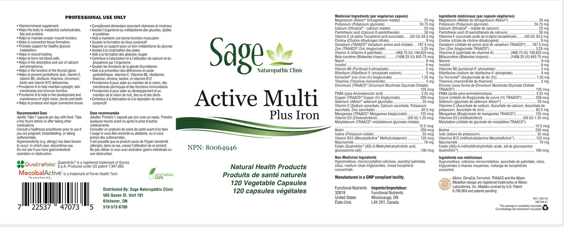Sage's Active Multi plus Iron 120 vegetarian capsules